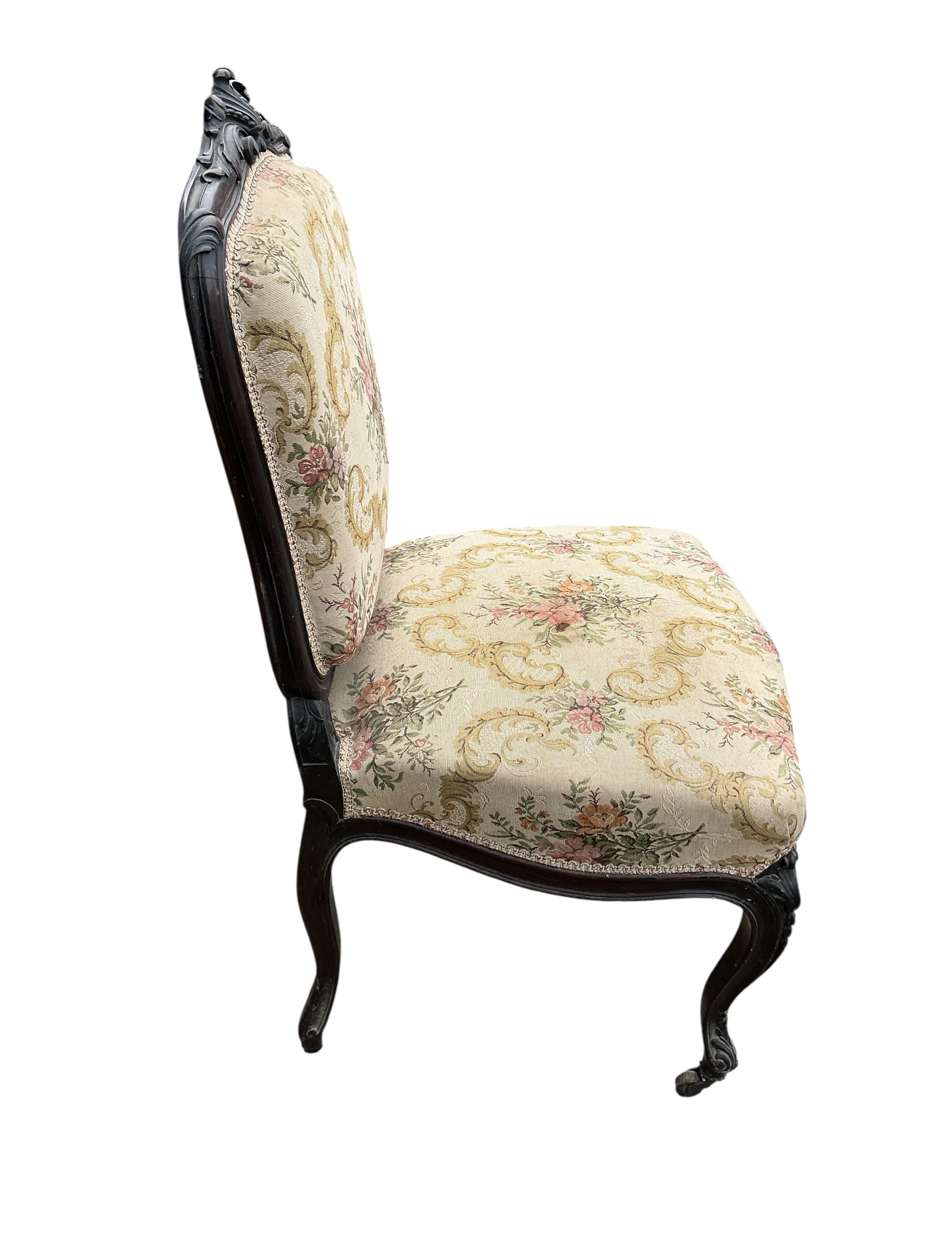 Three 19th century French carved tapestry upholstered chairs, one with arms, largest width 64cm, depth 56cm, height 105cm